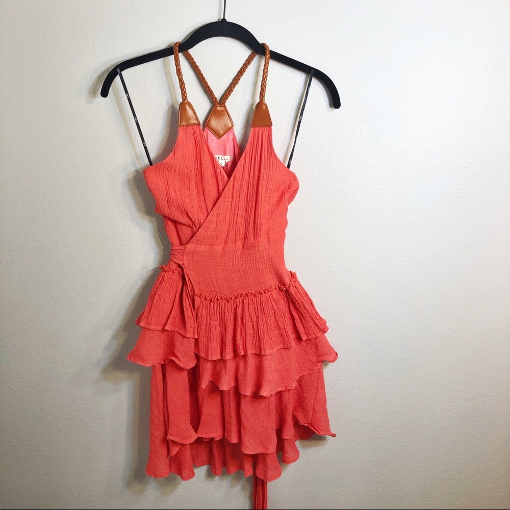 Ciel Coral Ruffle Tiered Wrap Halter Dress